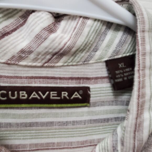 Cubavera Linen Striped Shirt Men XL Green Brown Tan Vertical Cuffed Short Sleeve - Picture 3 of 4
